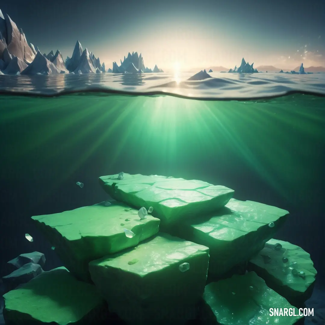 Group of ice blocks floating in the ocean with icebergs in the background and sunlight shining through the water