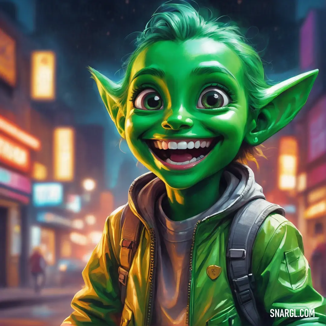 Cartoon character with green hair and a smile on his face. Example of La Salle Green color.