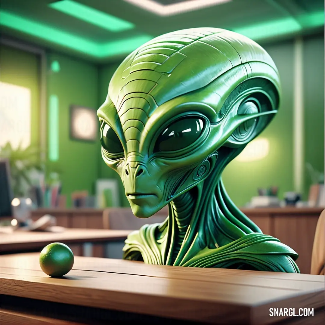 La Salle Green color. Green alien at a table with a green apple in front of it