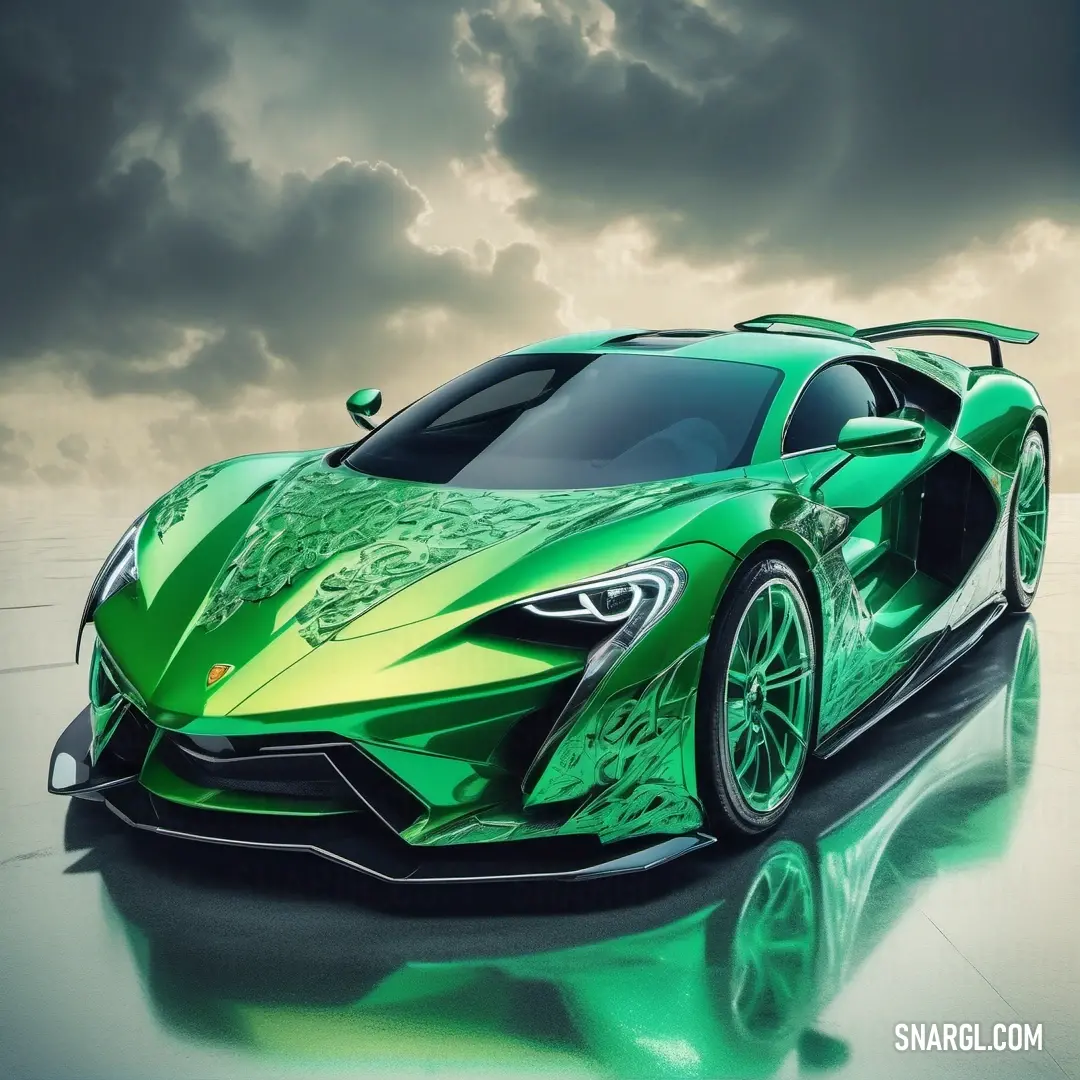 Green sports car with a green design on it's body and hood is shown in front of a cloudy sky. Color #087830.