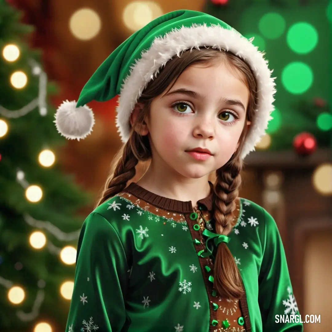 La Salle Green color. Little girl wearing a green christmas outfit and a santa hat with a braid in her hair