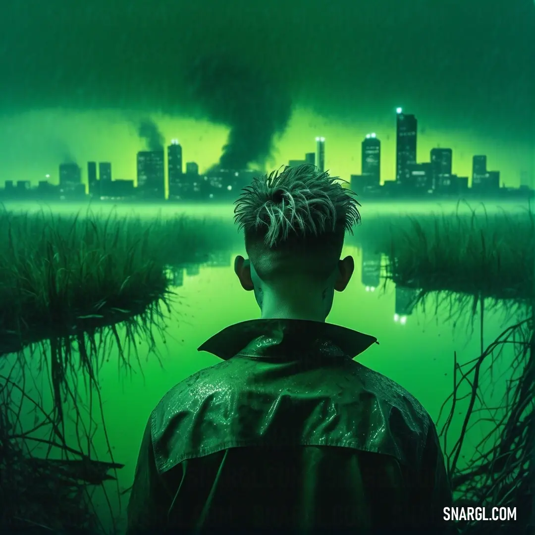 Man standing in front of a green city skyline with a large tornado in the background. Example of #087830 color.