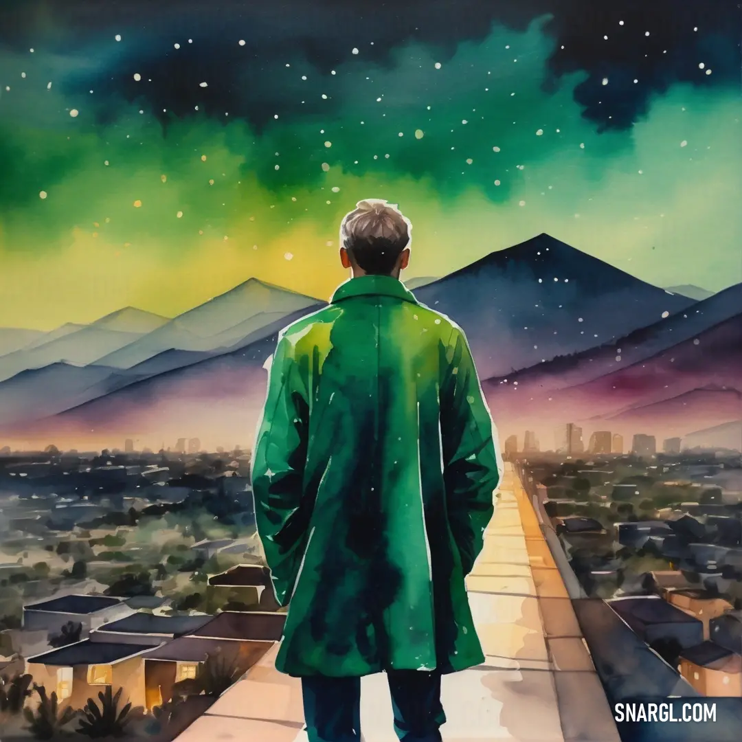 Man standing on a walkway looking at the stars in the sky above him and a city below him. Example of La Salle Green color.