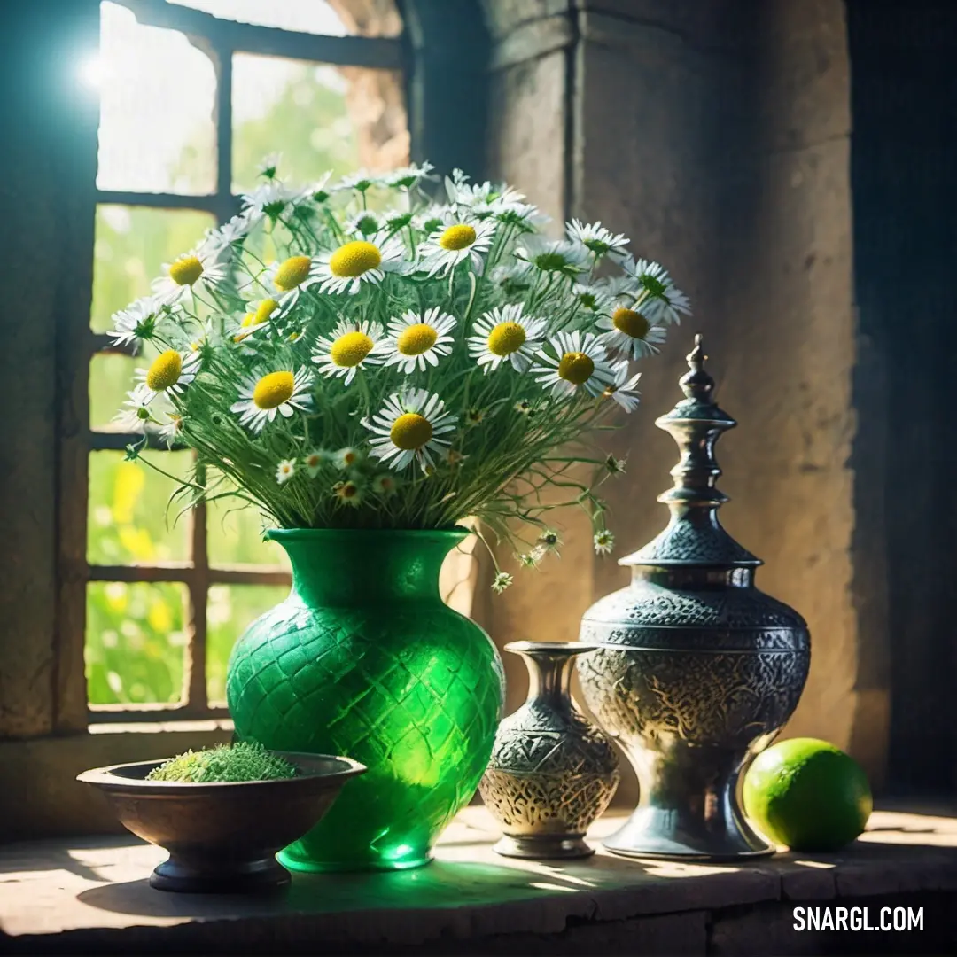 La Salle Green color example: Vase of daisies and other flowers on a window sill with a bowl of fruit
