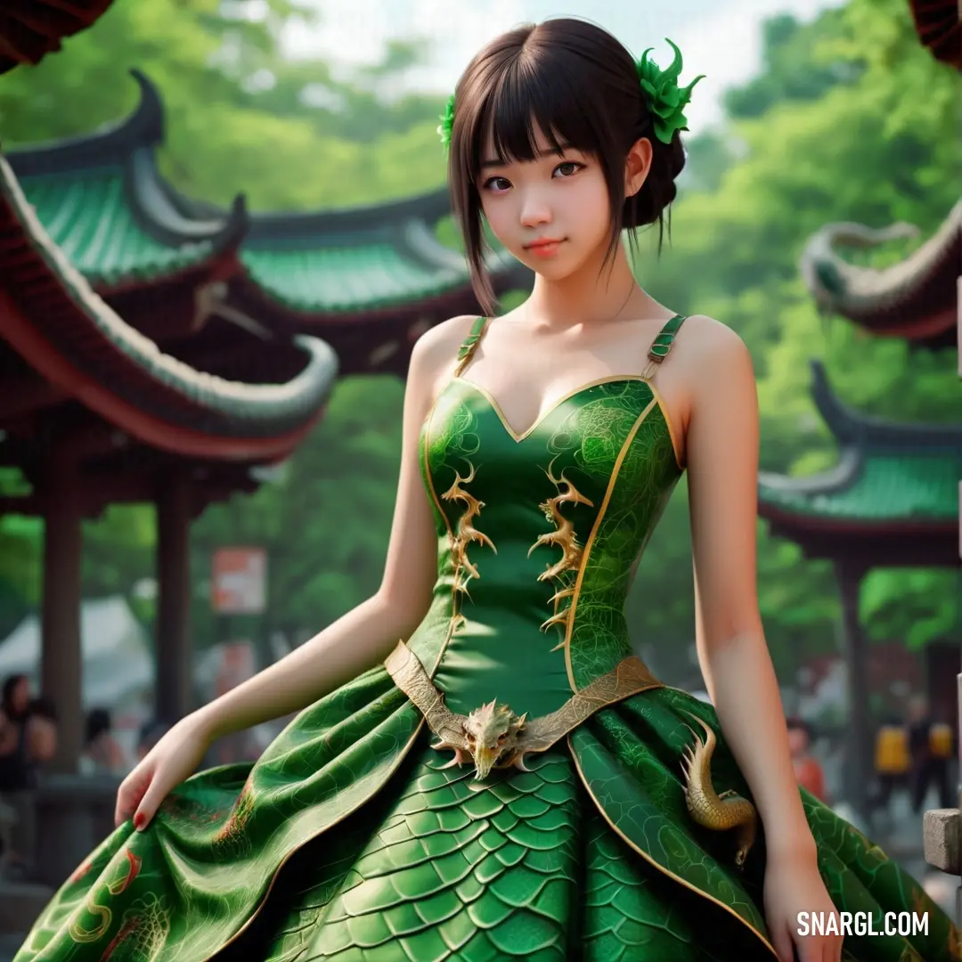 La Salle Green color example: Woman in a green dress standing in front of a building with a green dragon on it's chest