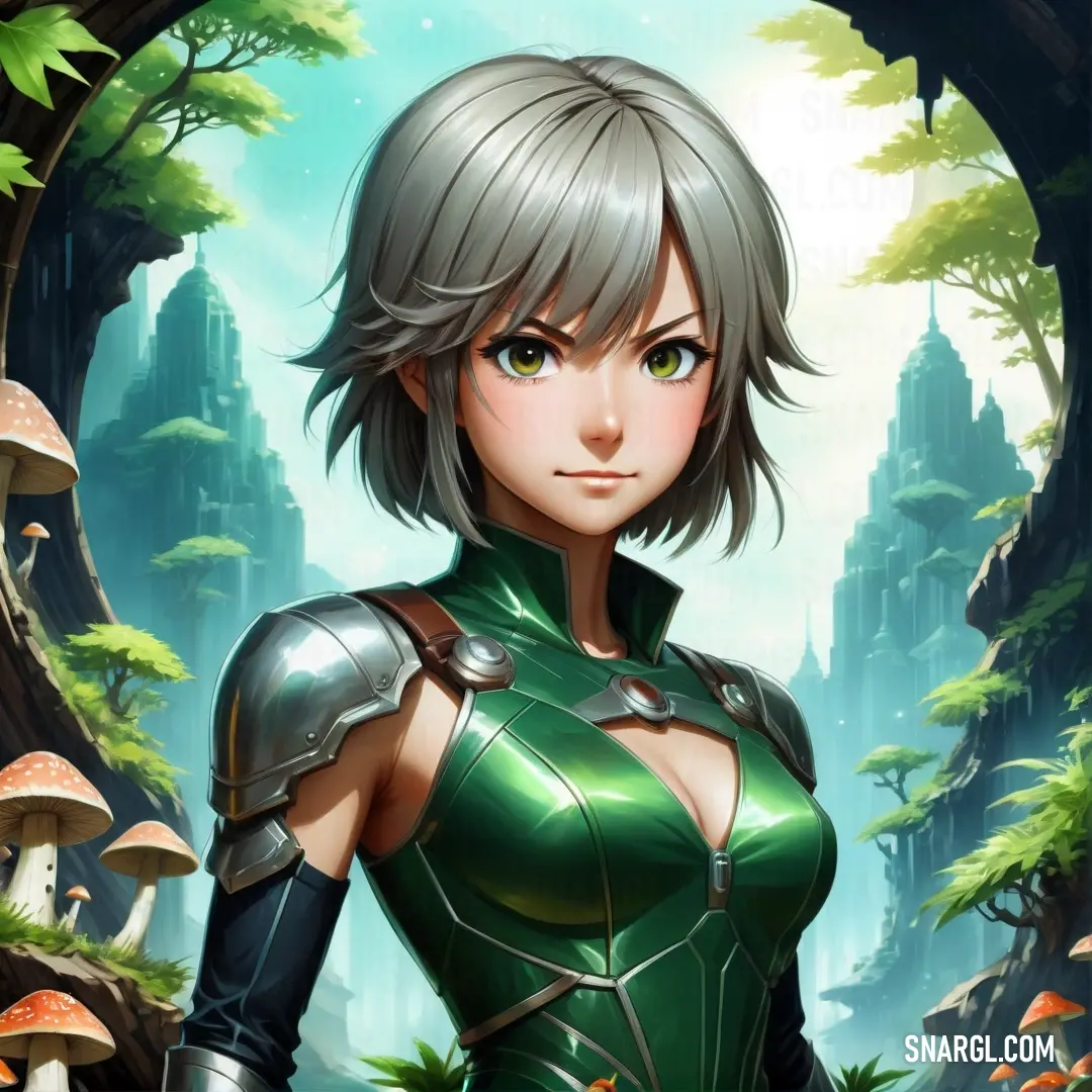 Woman in a green outfit standing in a forest with mushrooms and mushrooms around her. Example of La Salle Green color.
