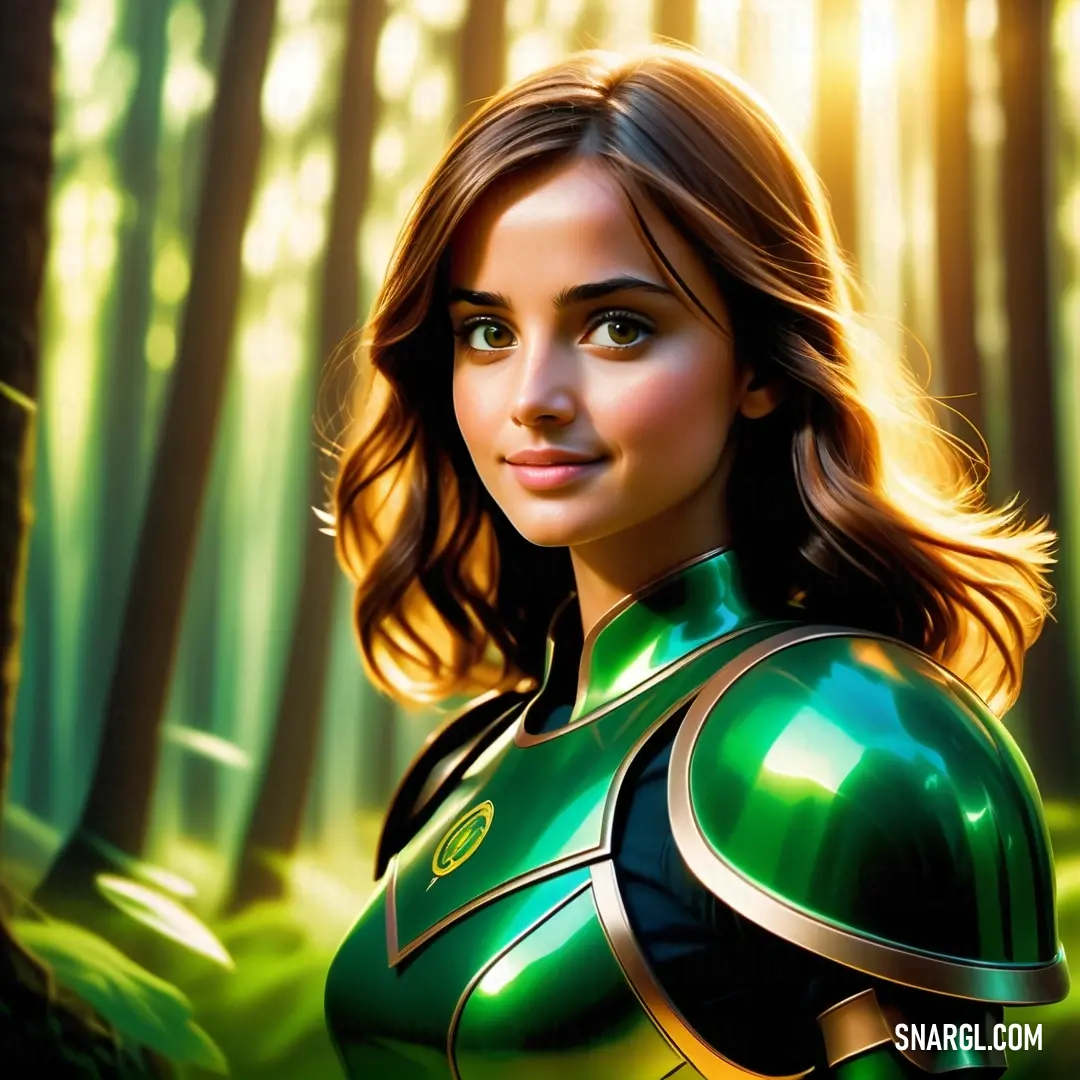 La Salle Green color example: Woman in a green suit standing in a forest with trees and sunlight shining through the trees behind her