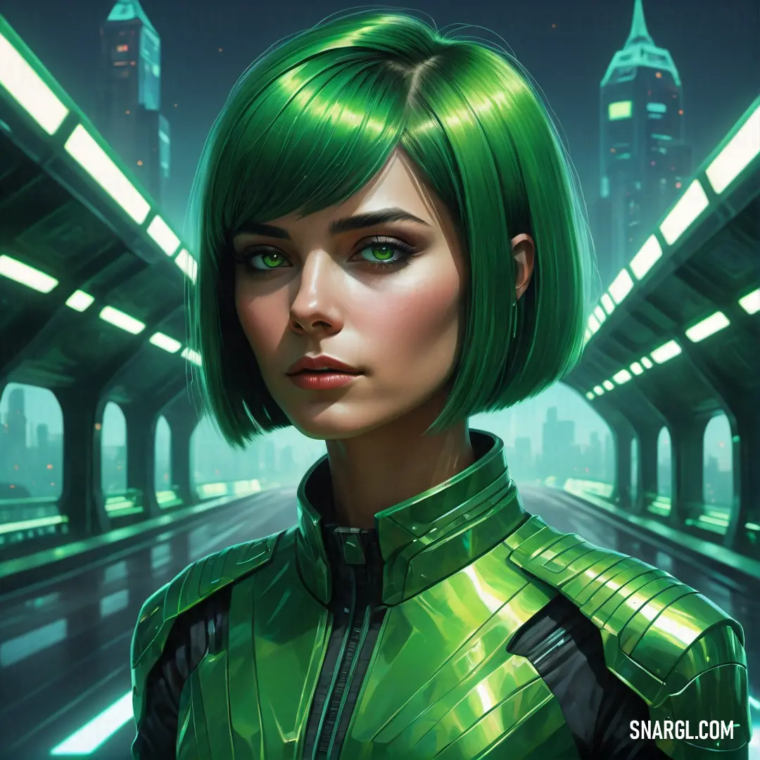 La Salle Green color. Woman with green hair and a futuristic suit in a tunnel with lights on the side of the road