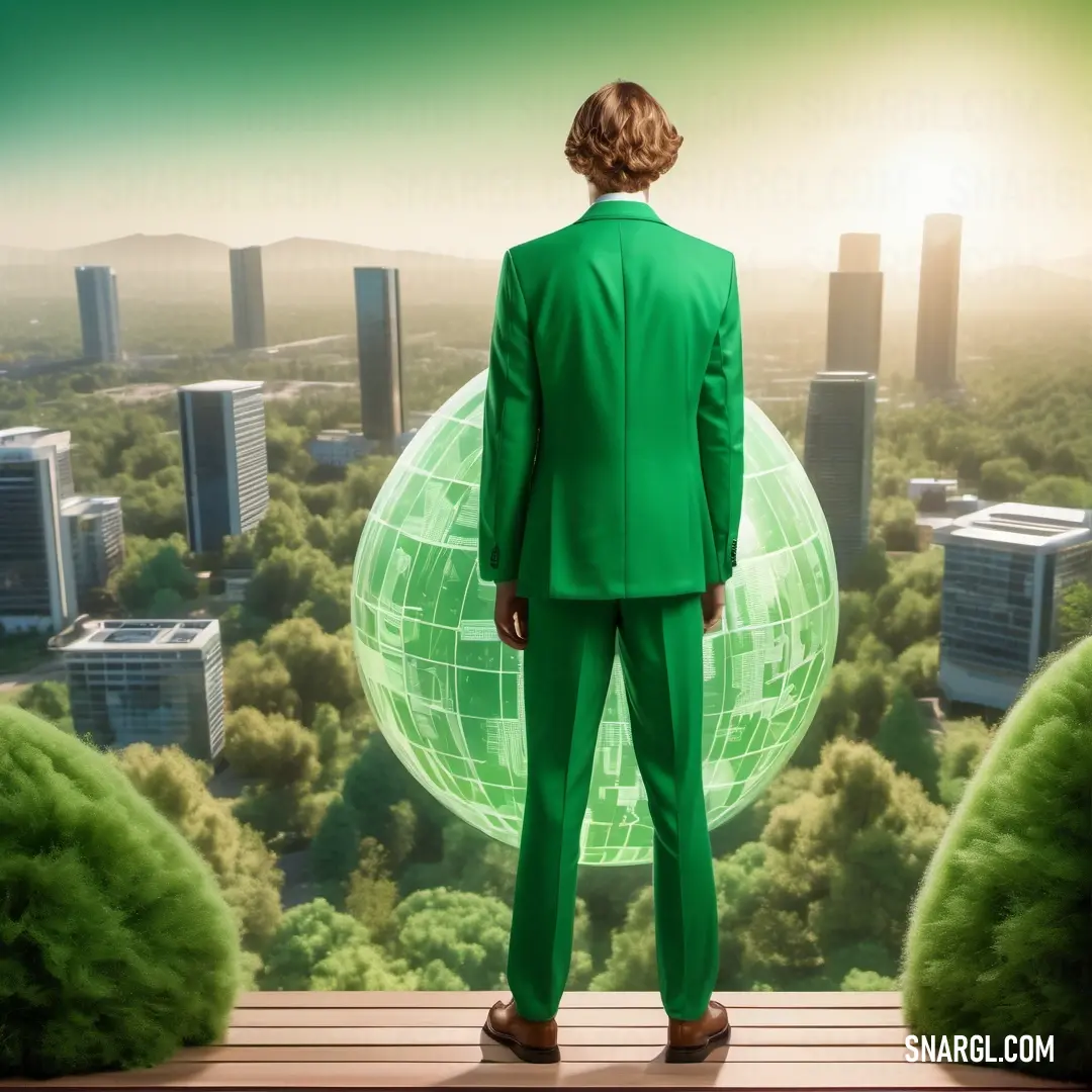 La Salle Green color example: Man in a green suit looking at a city from a high point of view of a city