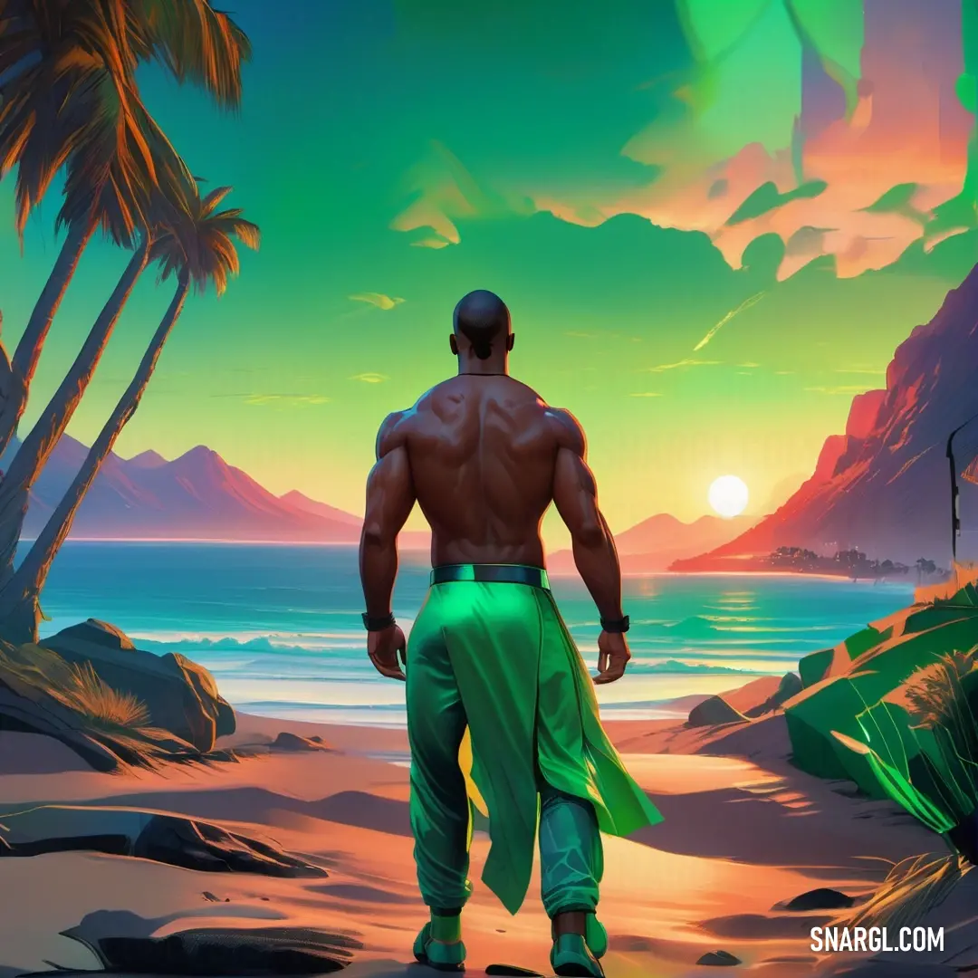 Man walking on a beach towards the ocean at sunset with a green outfit on and a green towel around his waist. Example of RGB 8,120,48 color.