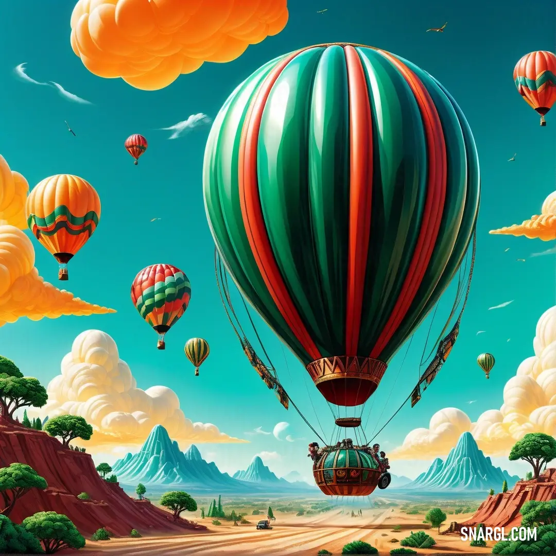 Painting of a hot air balloon flying over a mountain range with a sky background. Example of CMYK 93,0,60,53 color.