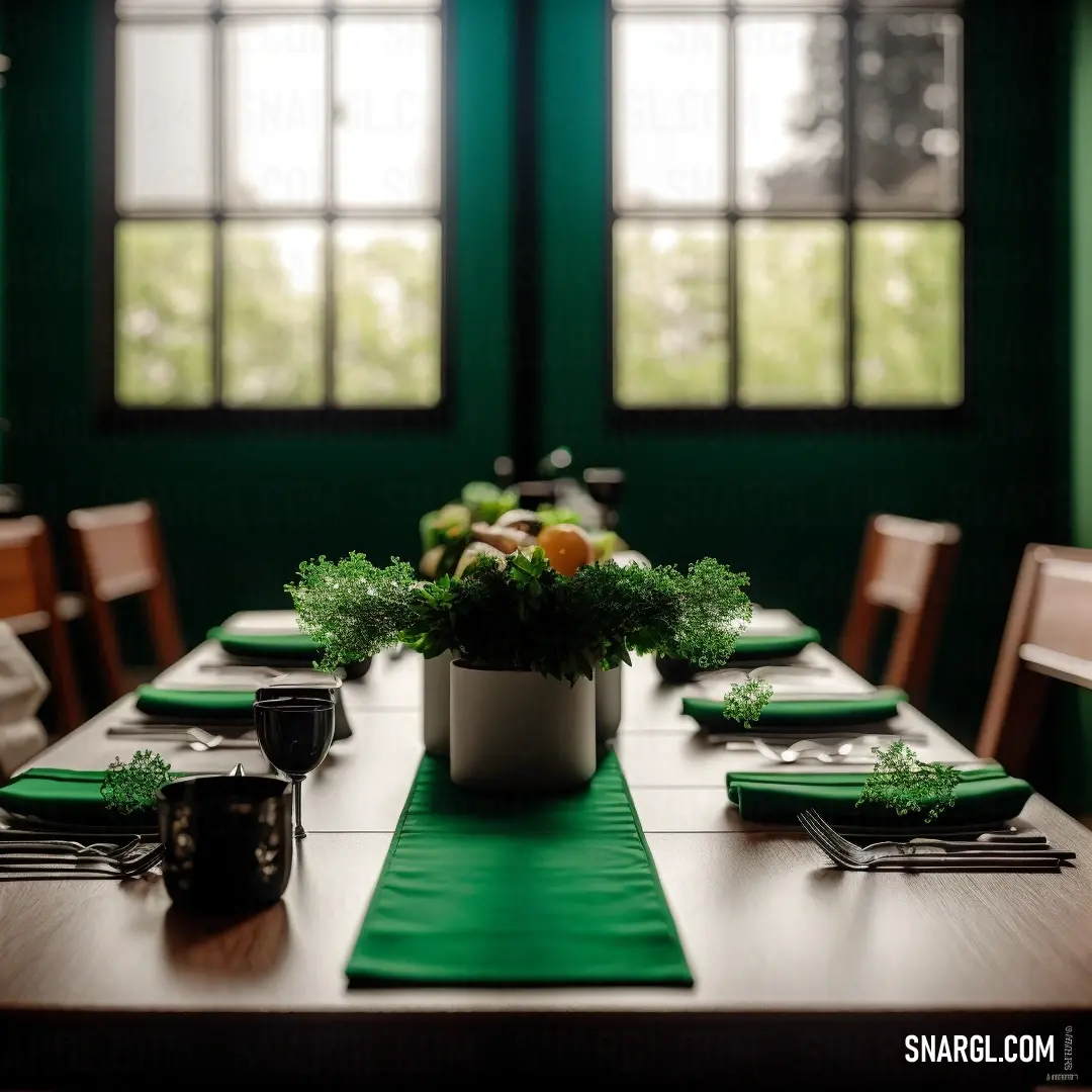 Table with a green runner and place settings on it with a vase of flowers on the table in front of the window. Example of #087830 color.