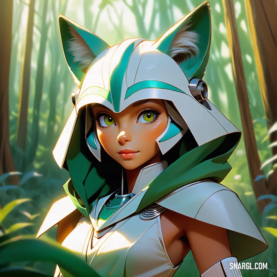 Woman in a costume standing in a forest with a cat ears on her head and a green cloak over her head. Color La Salle Green.