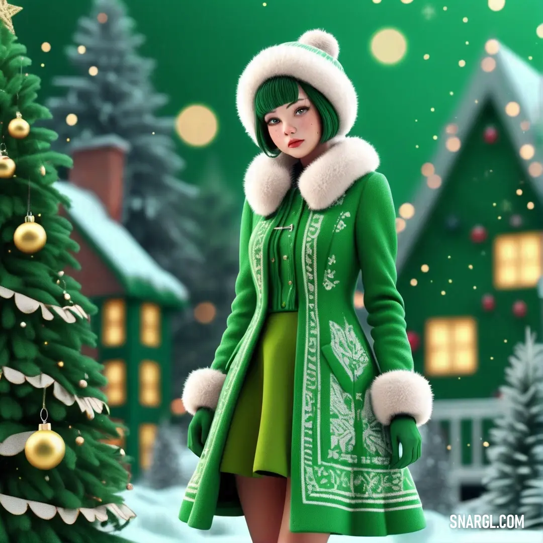 Woman in a green coat and hat standing in front of a christmas tree. Color CMYK 93,0,60,53.