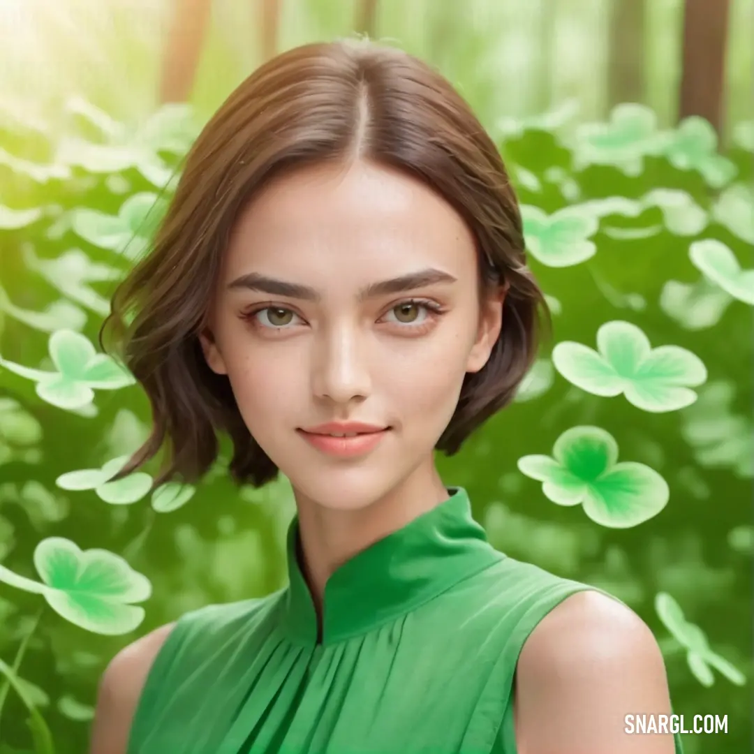 Woman in a green dress standing in front of a green background with flowers and leaves on it. Color CMYK 93,0,60,53.