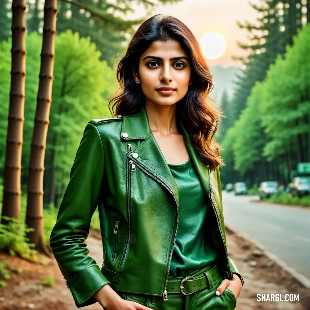 Woman in a green leather jacket posing for a picture in the woods. Example of La Salle Green color.