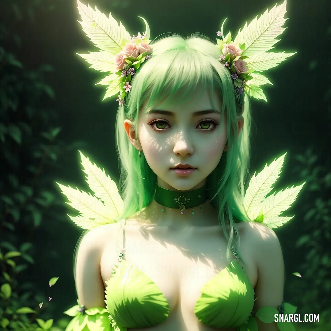 Woman with green hair and green wings on her head and chest. Example of La Salle Green color.