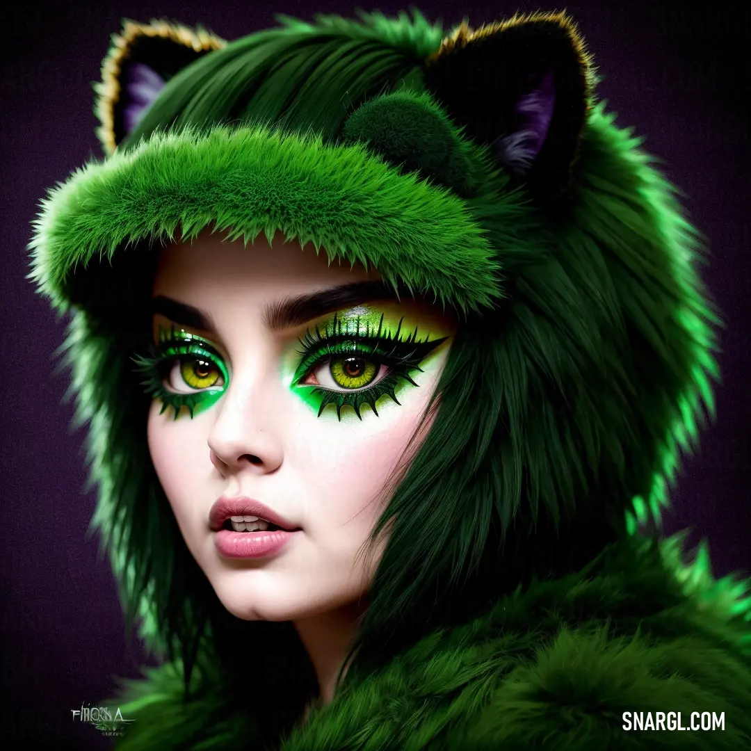 Woman with green makeup and a furry green cat costume on her head and green eyes