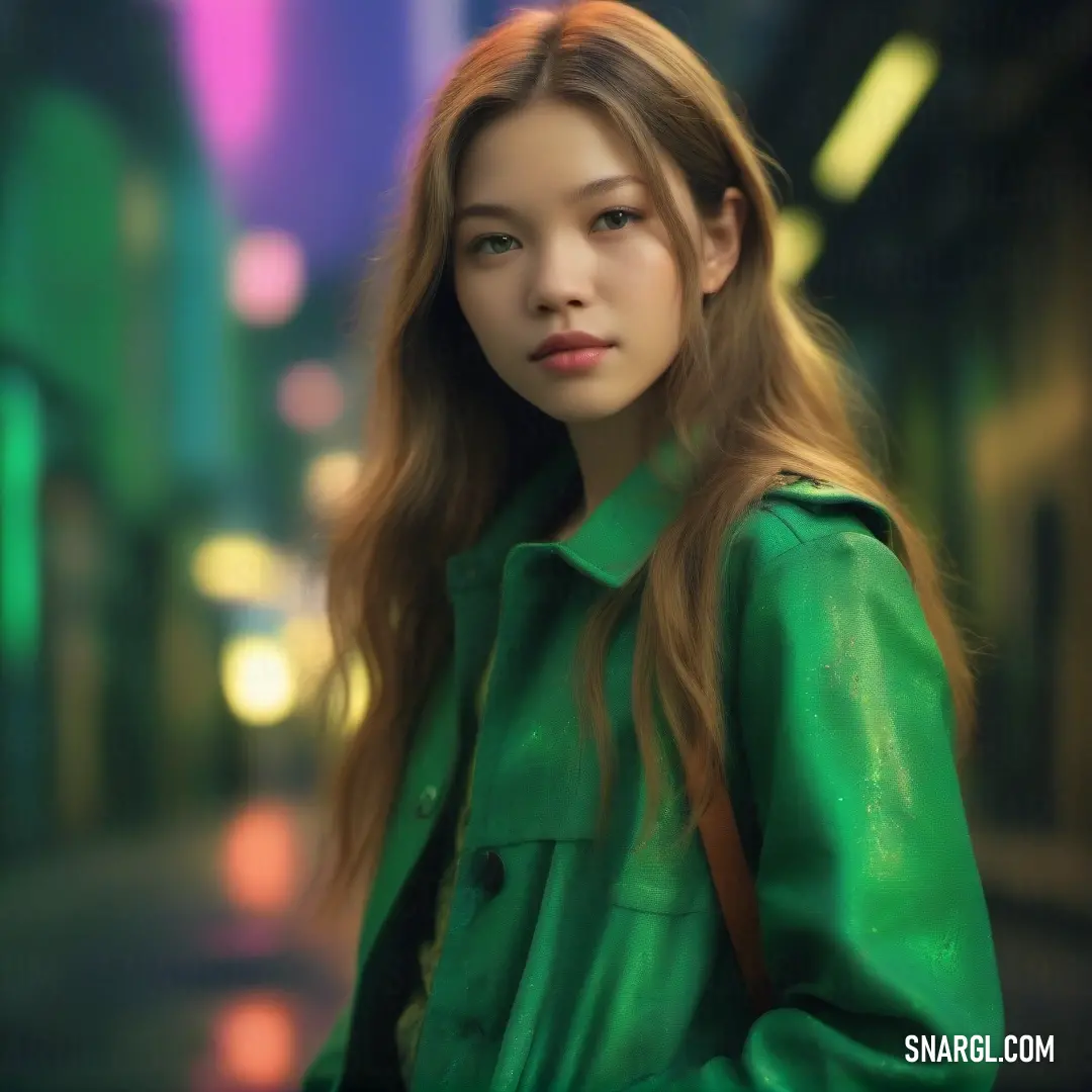 Woman with long hair standing in a city street at night with a green coat on her shoulders. Example of CMYK 93,0,60,53 color.