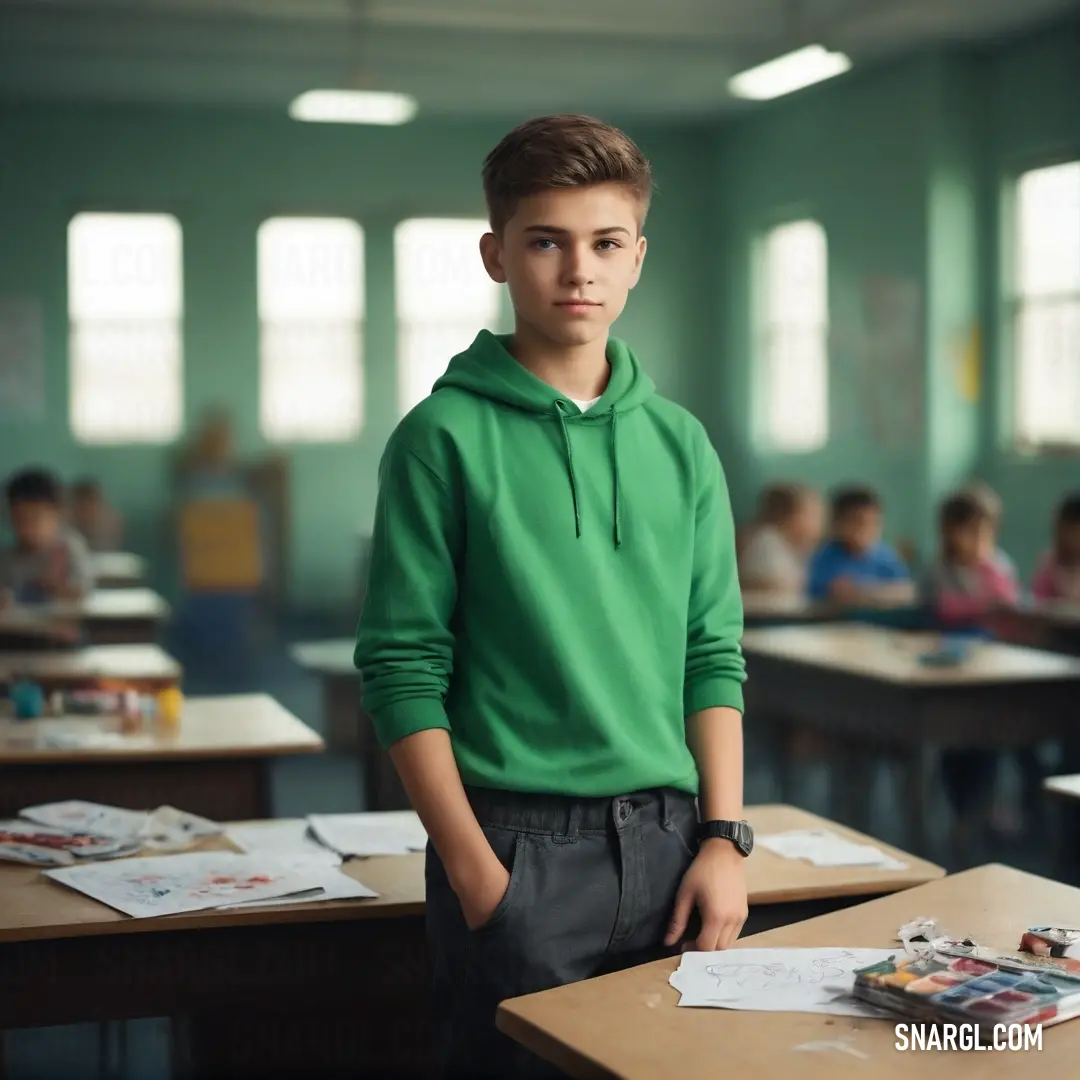La Salle Green color example: Young boy standing in a classroom with his hands on his hips and looking at the camera