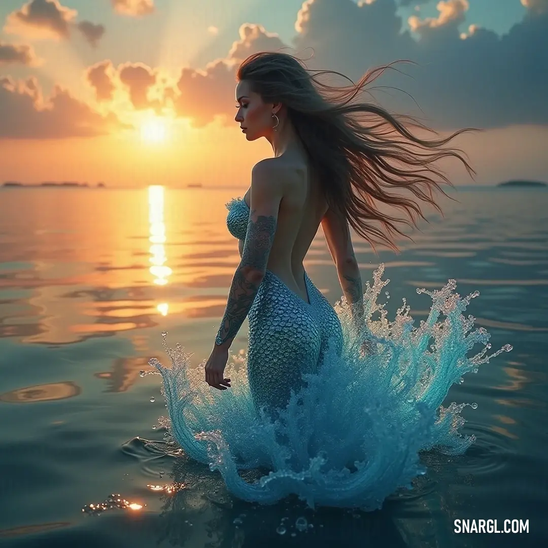 La Sirène in a stunning blue dress, poised elegantly in the water during a breathtaking sunset, radiating tranquility and enchanting beauty. La Sirène, adorned in a flowing blue dress, gracefully stands in tranquil waters, framed by a golden sunset that casts shimmering reflections around her, creating a mesmerizing scene filled with serenity and allure.