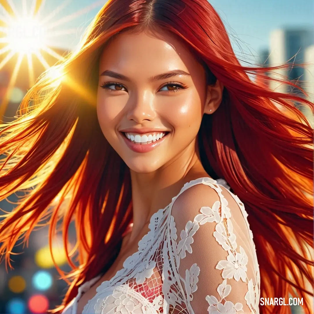Beautiful woman with red hair and a white top smiling at the camera with the sun shining behind her
