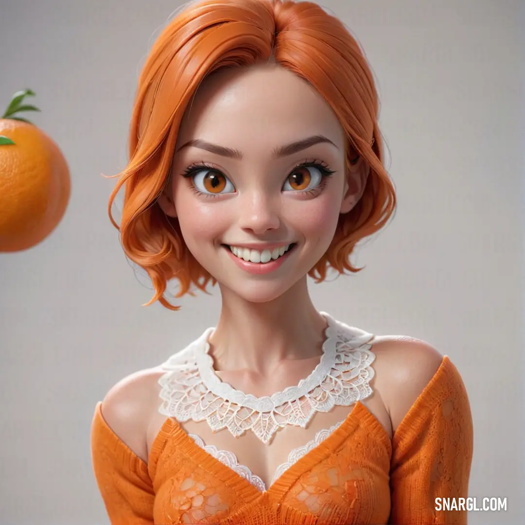 Cartoon girl with orange hair and a white collared top and a orange behind her is a half - eaten orange