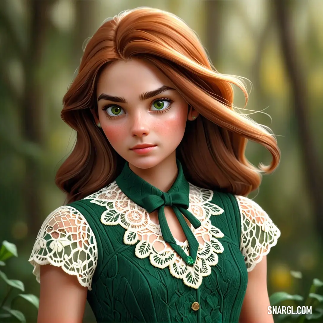 Digital painting of a woman in a green dress with a bow tie and green eyes and hair