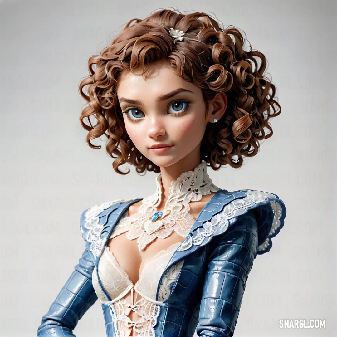 Doll with a blue dress and a white bra top on a white background