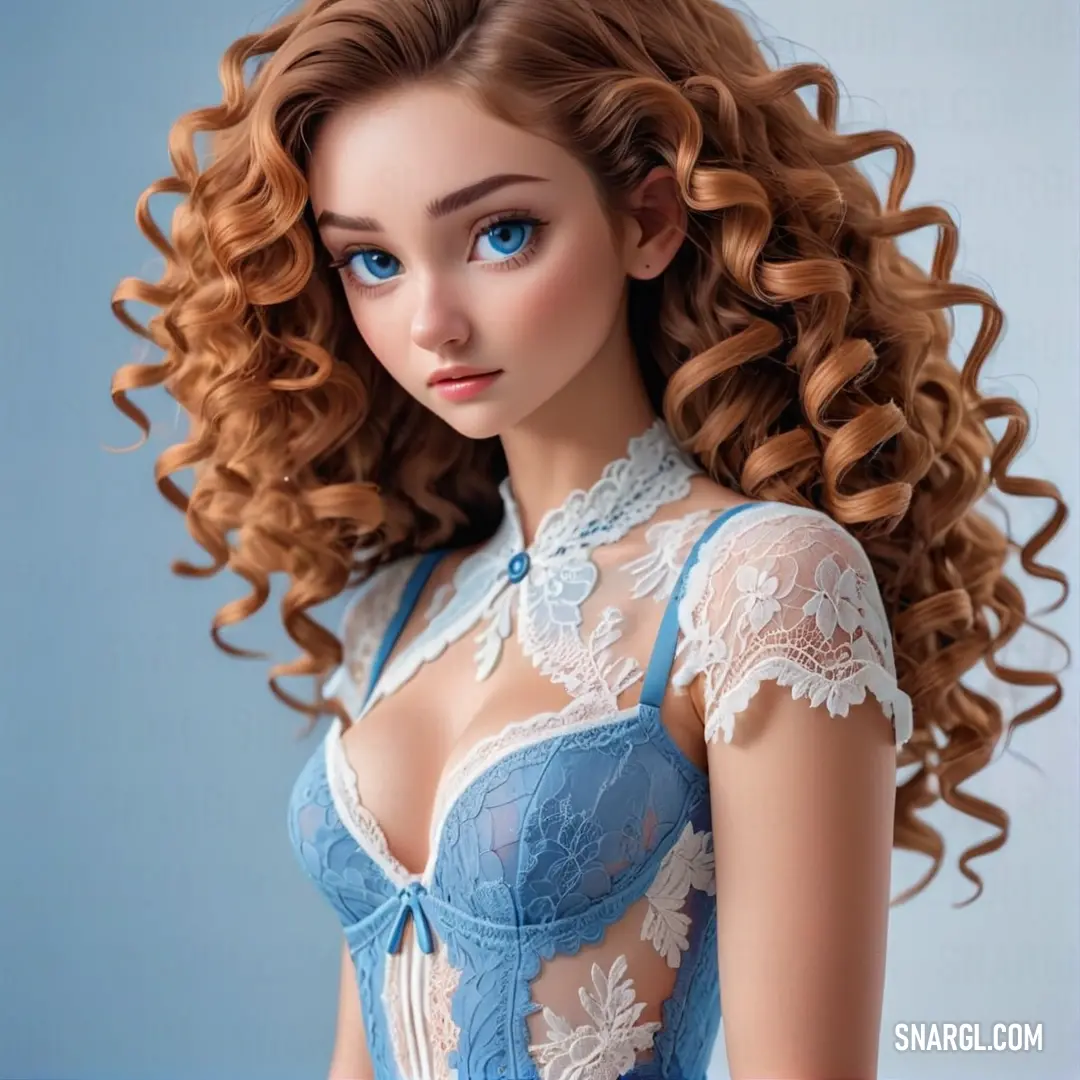 Doll with long hair and blue eyes wearing a blue dress and a blue necklace with white laces
