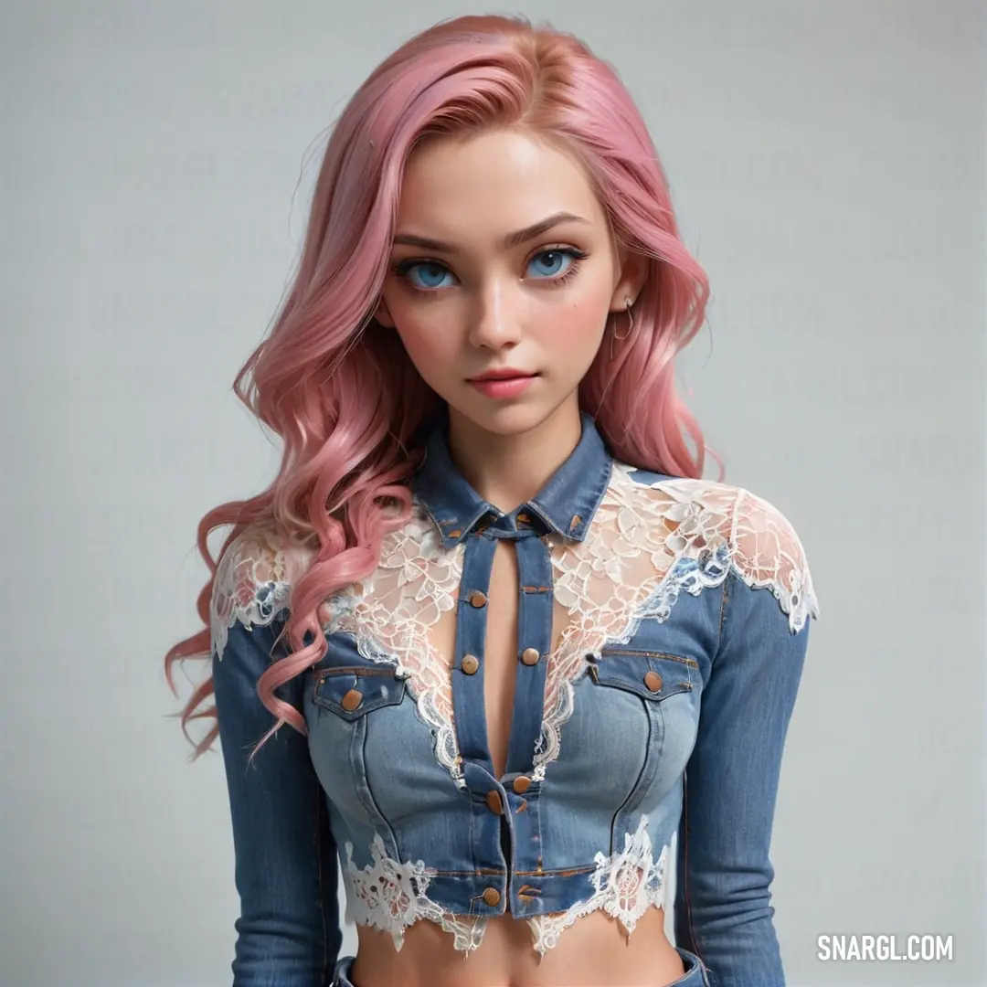 Doll with pink hair and a blue shirt with lace on it's chest and chest