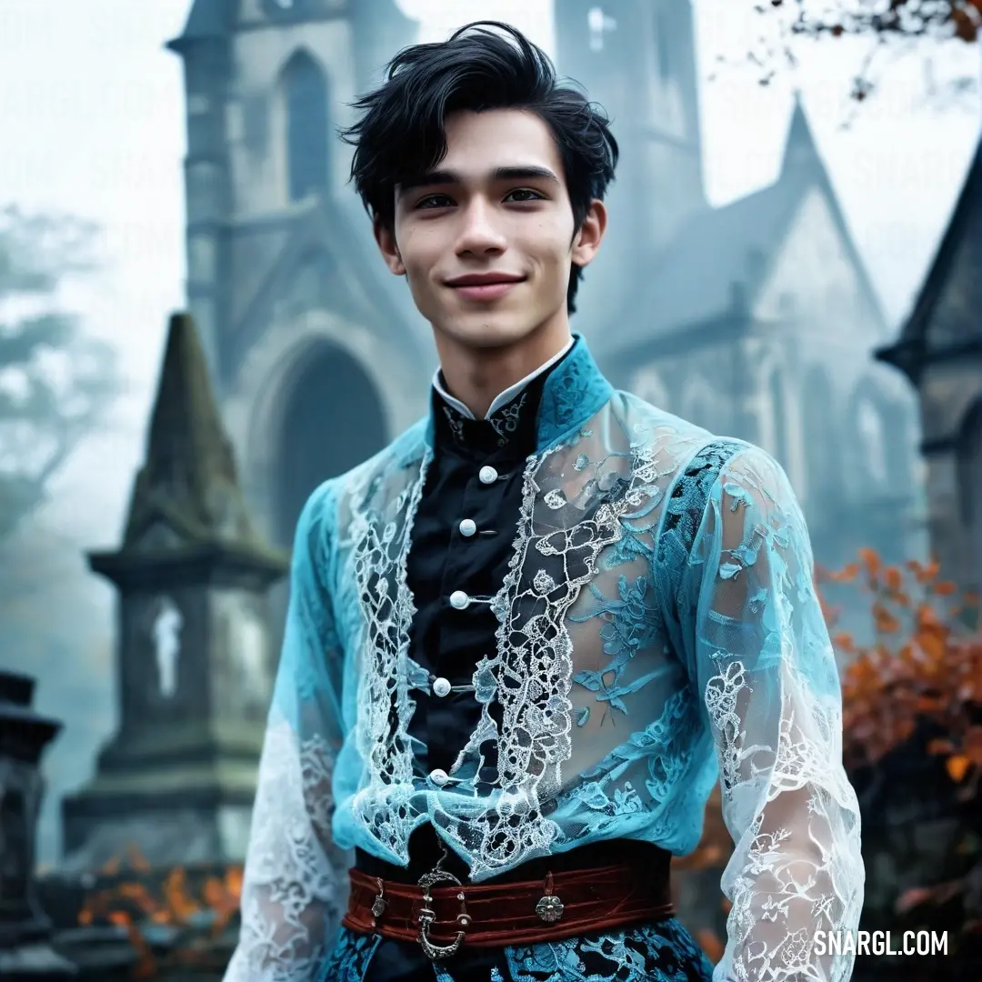 Man in a blue outfit standing in front of a castle with a clock tower in the background