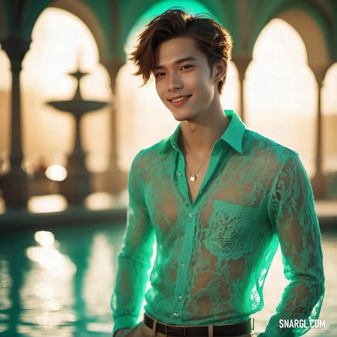 Man in a green shirt standing next to a fountain with a fountain behind him