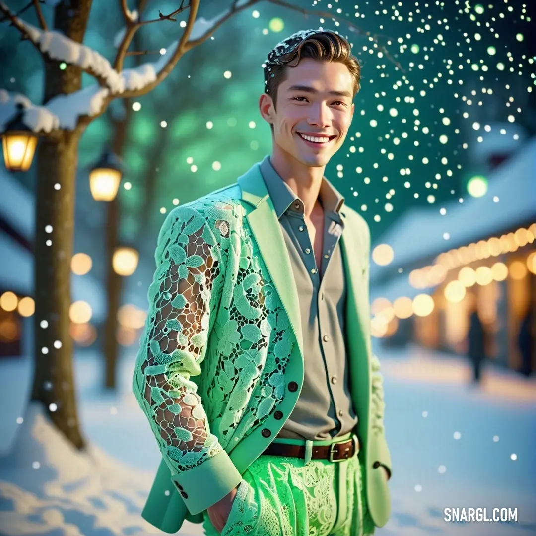 Man in a green suit standing in the snow with a tree in the background