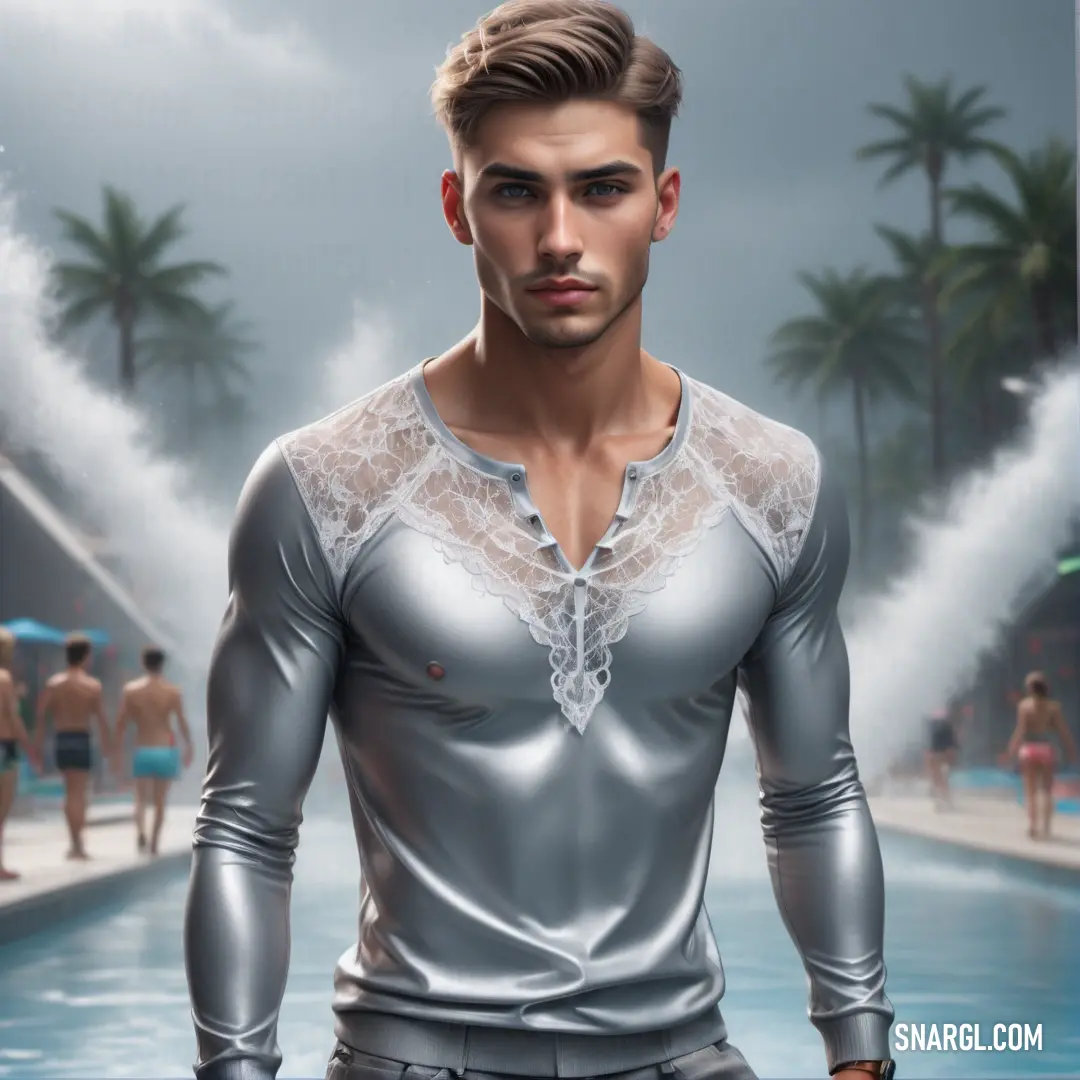 Man in a silver shirt standing in front of a pool with a fountain and people in the background