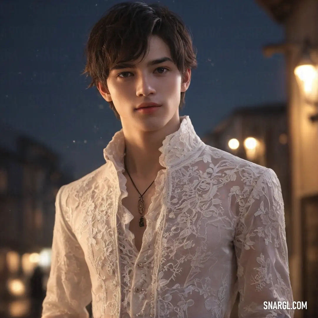 Man in a white shirt and a necklace on his neck and a street light in the background