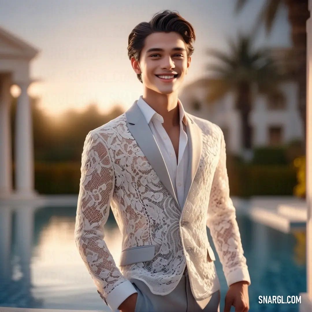 Man in a white suit standing next to a pool at sunset with a smile on his face