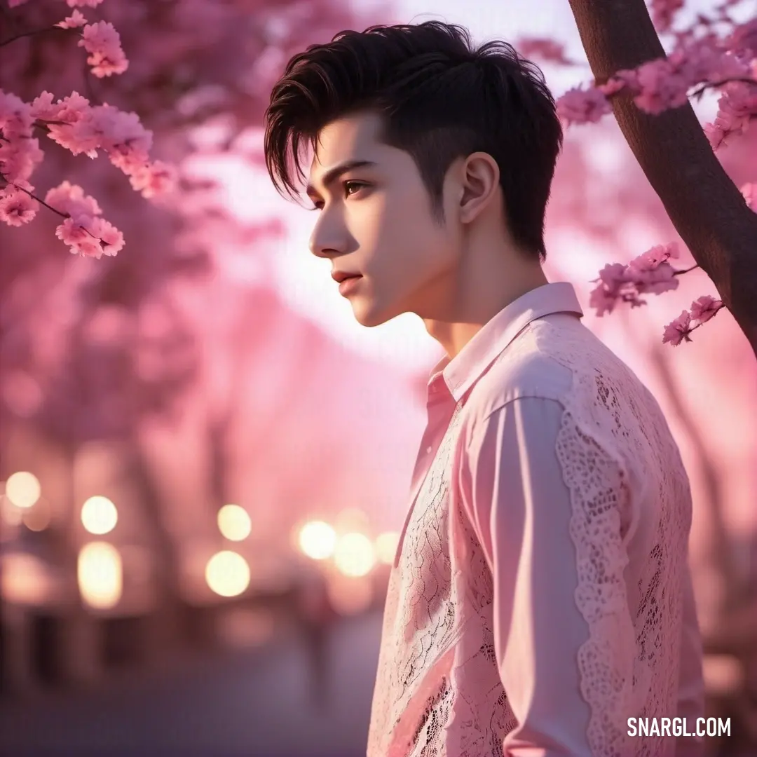 Man standing under a tree with pink flowers on it's branches