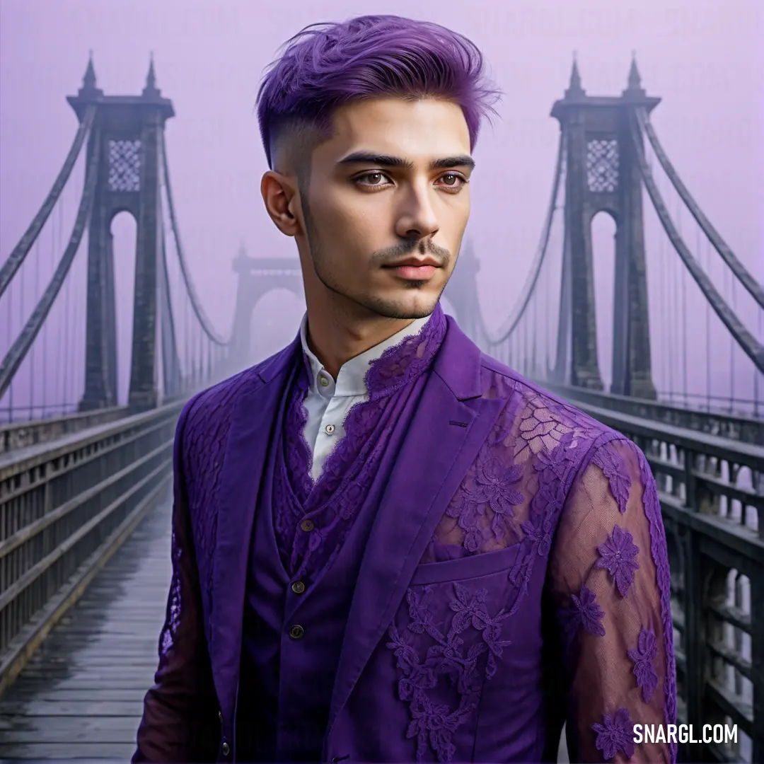 Man with purple hair and a purple suit on a bridge with a bridge in the background
