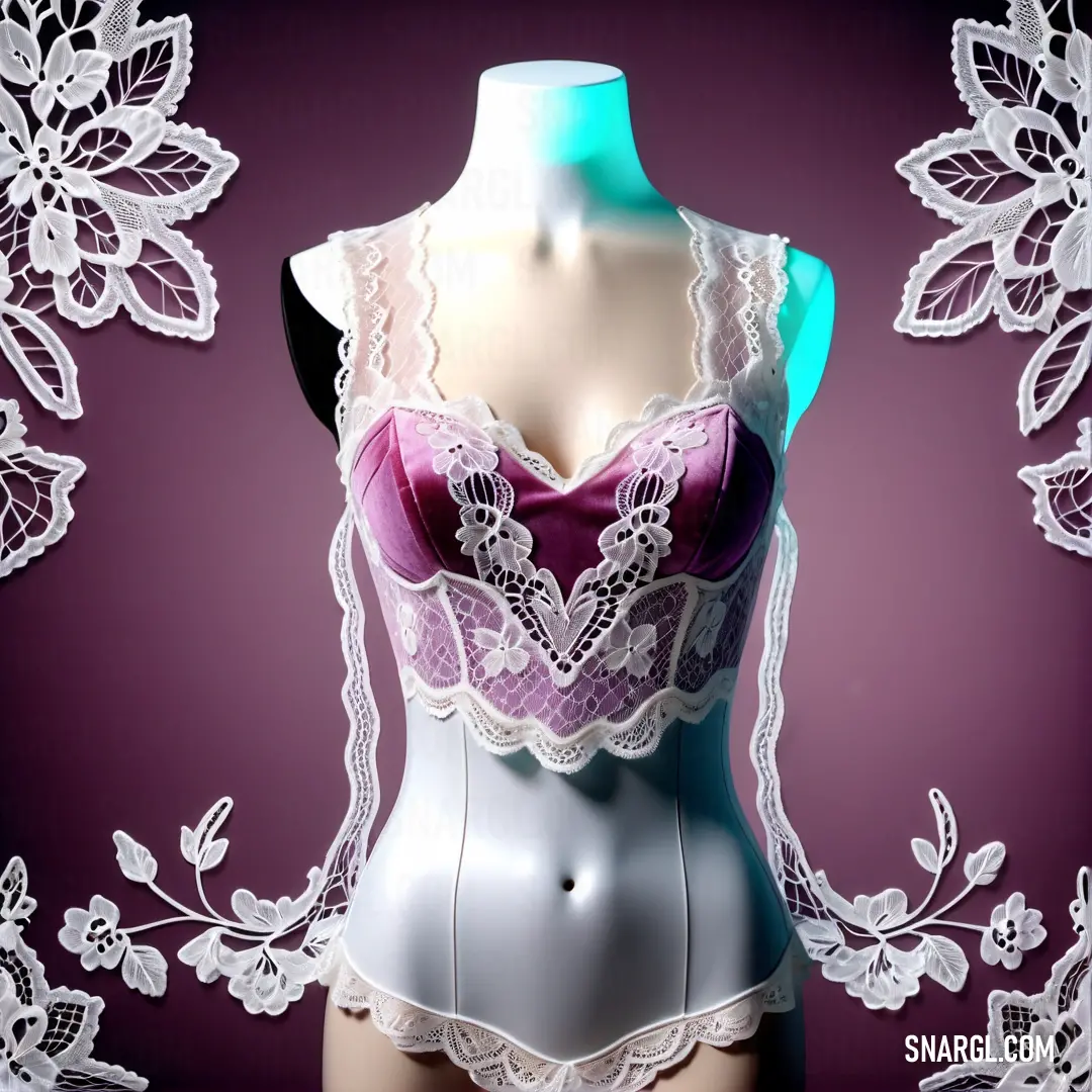 Mannequin with a lacy bra and panties on display in front of a purple background