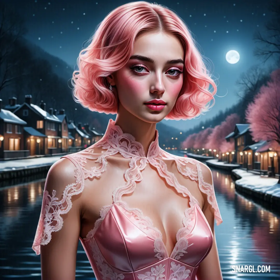 Painting of a woman in a pink dress by a river at night with a full moon in the sky