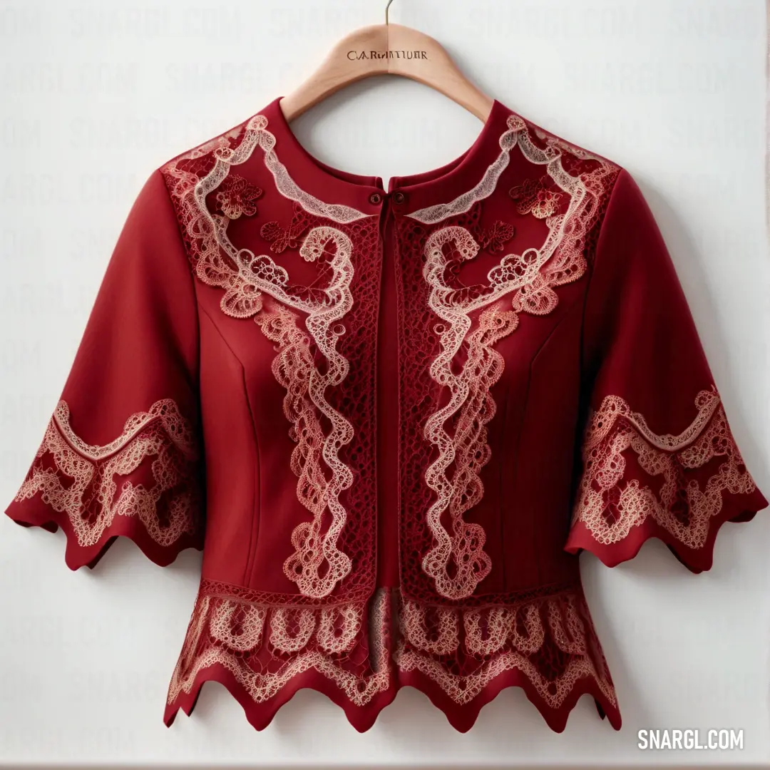 Red blouse with a white lace pattern on it and a wooden hanger on a wall behind it