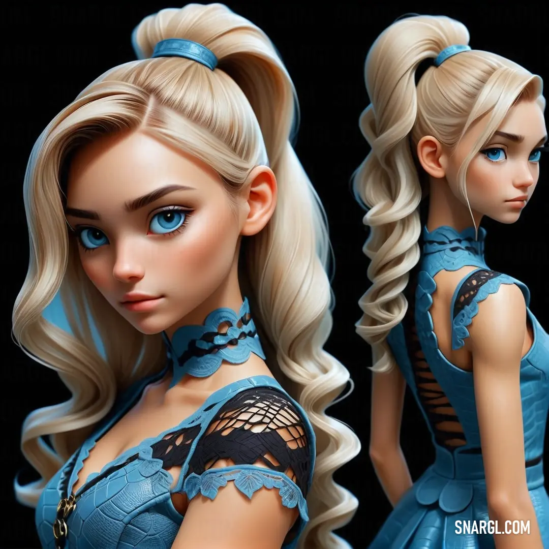 Very cute looking doll with long blonde hair and blue eyes and a blue dress with laces on it