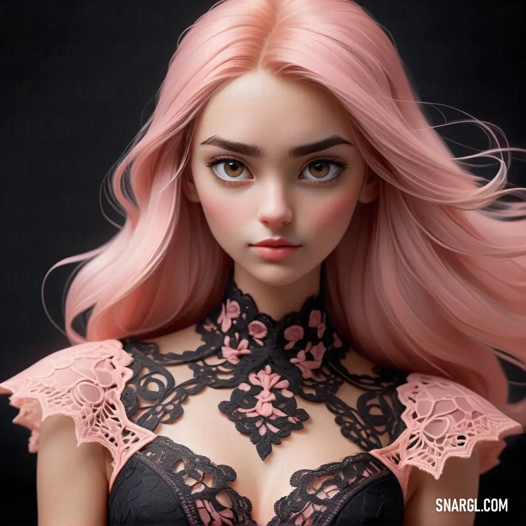 Very pretty doll with pink hair and a black bra top on a table