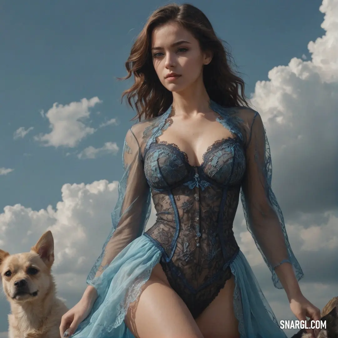 Woman in a blue dress and a dog on a beach with clouds in the background
