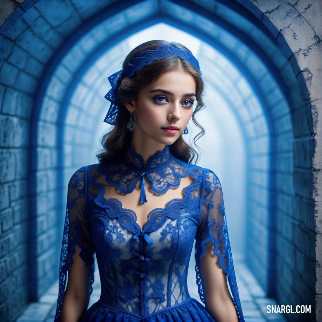 Woman in a blue dress is standing in a tunnel with a blue dress on