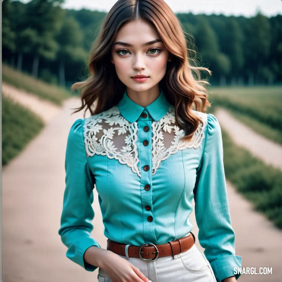 Woman in a blue shirt and white pants posing for a picture with a handbag in her hand