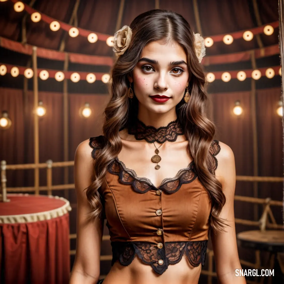 Woman in a bra and a brown bra top with a black lace collar and a red table cloth