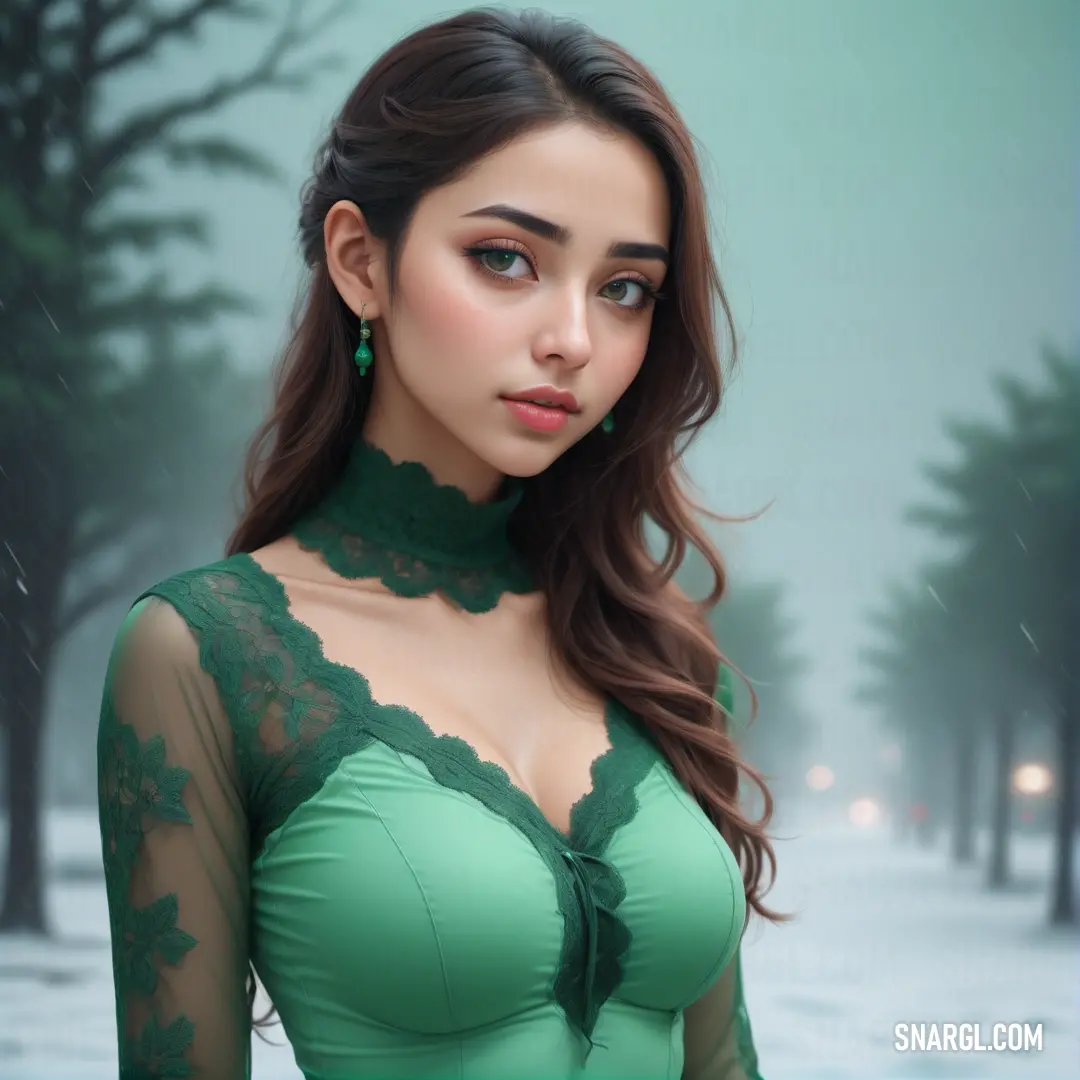 Woman in a green dress posing for a picture in the snow with a green collared top