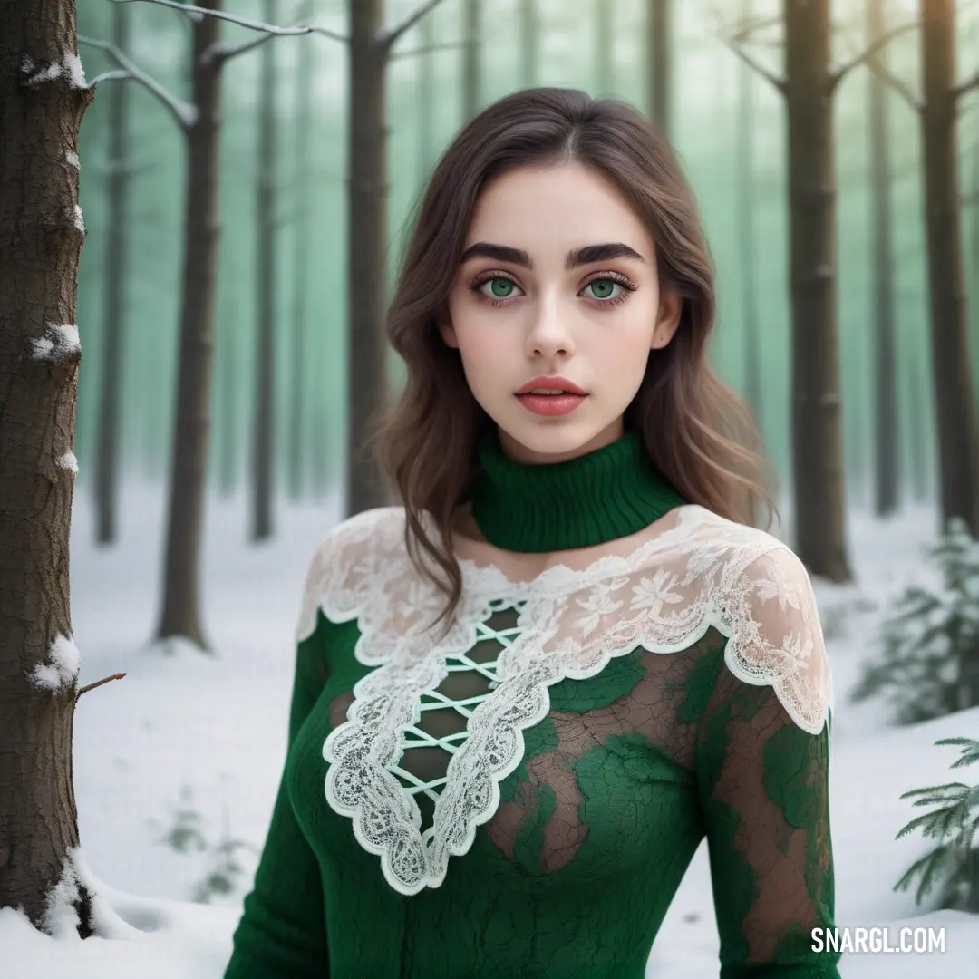 Woman in a green dress standing in the snow in front of a tree with a lacy collared top